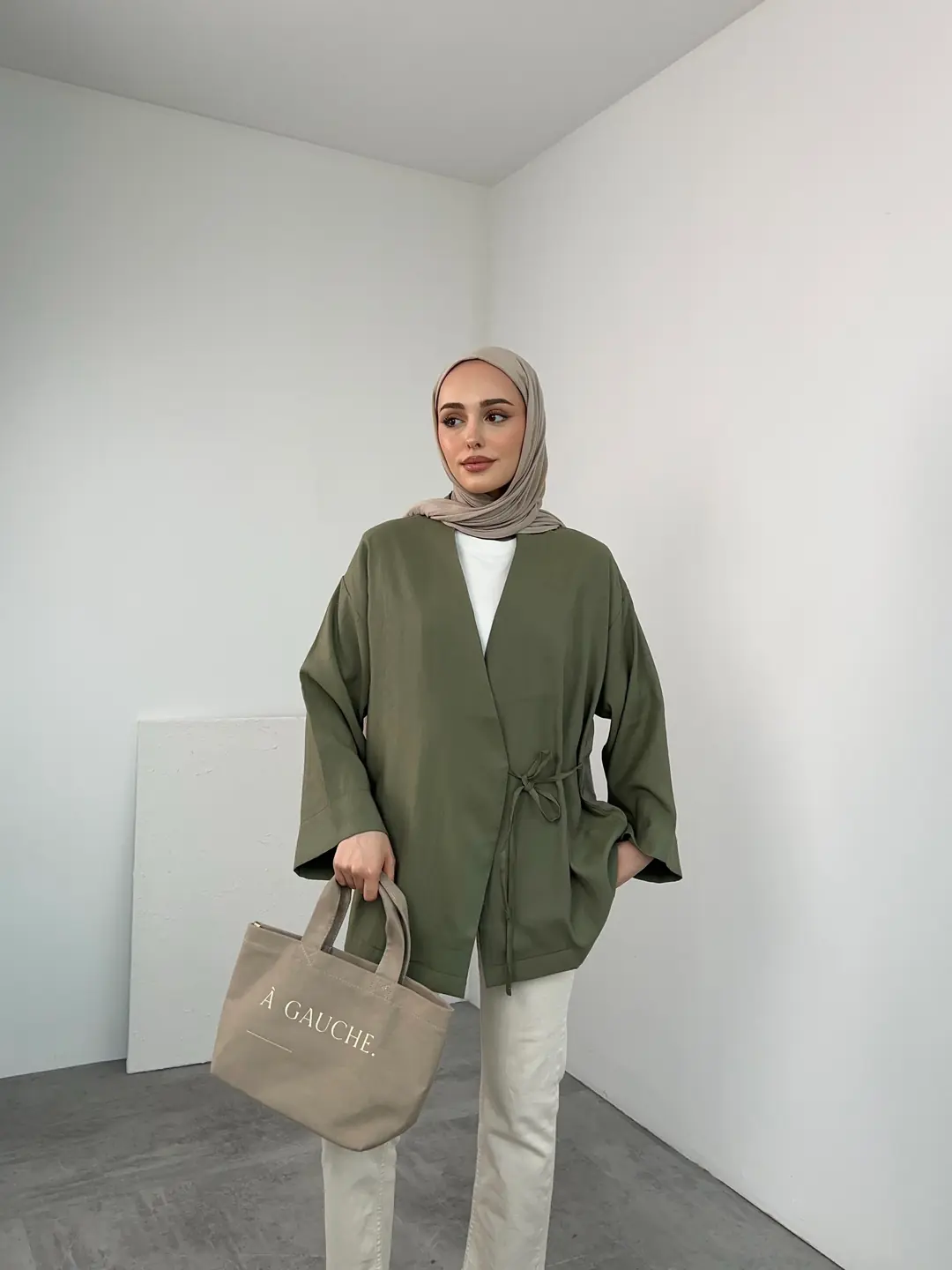 Yazlık Kumaş Yandan Bağlamalı Kimono Haki