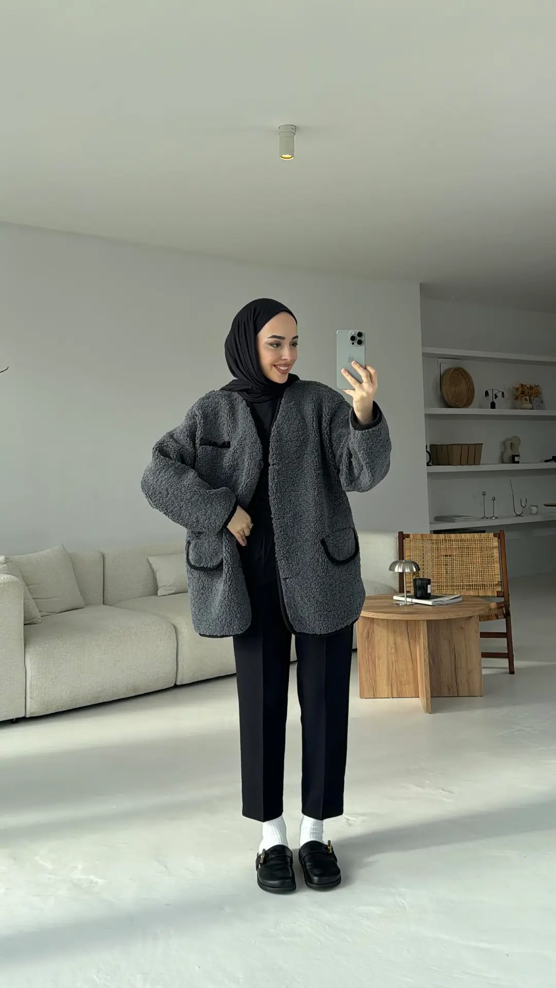 Düğmeli Oversize Teddy Ceket Antrasit