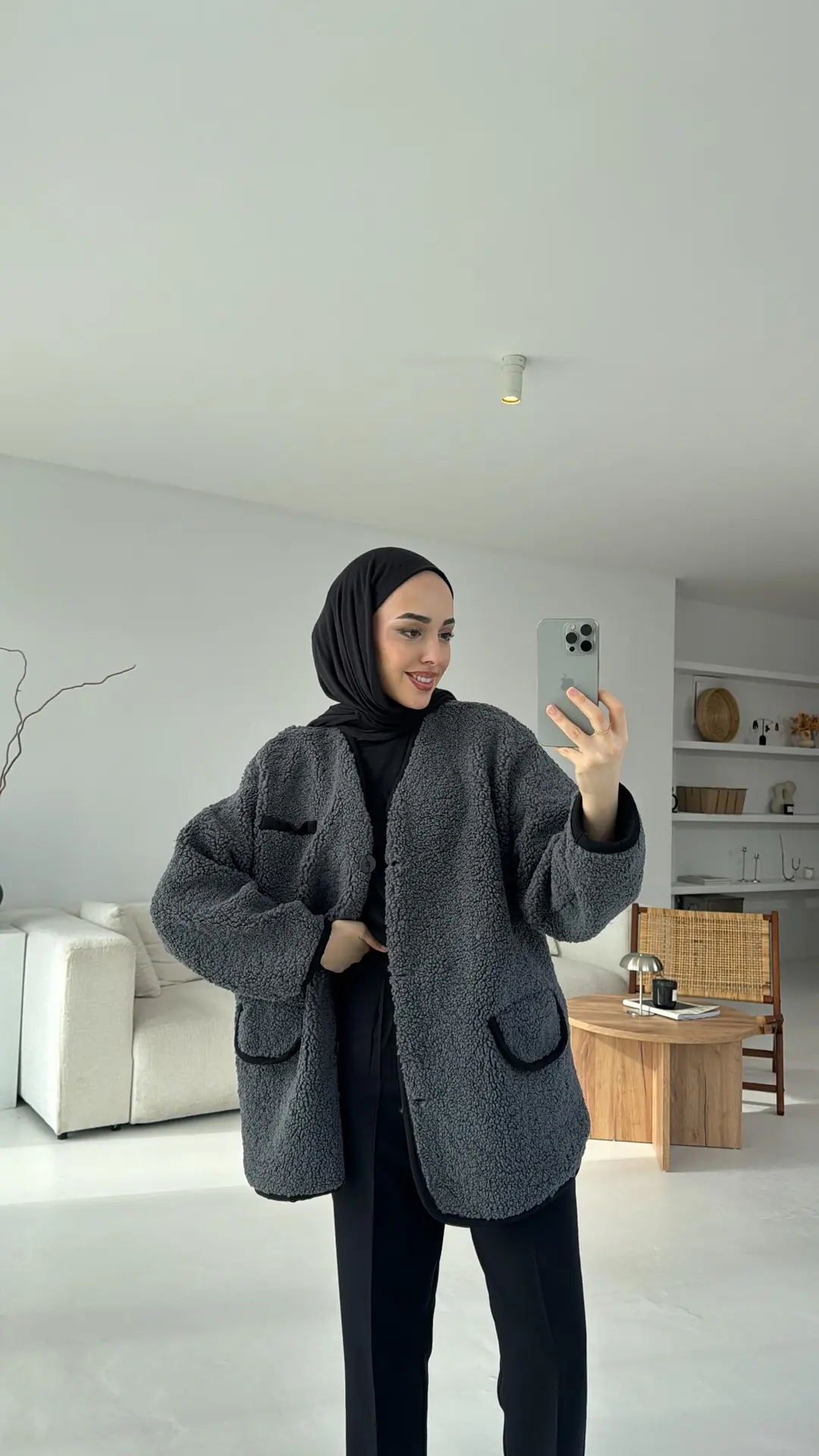 Düğmeli Oversize Teddy Ceket Antrasit
