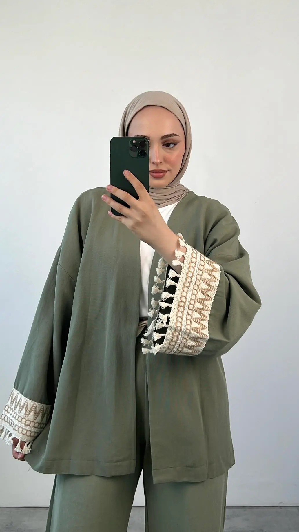 Kol Detay Kimonolu Keten Takım Yeşil