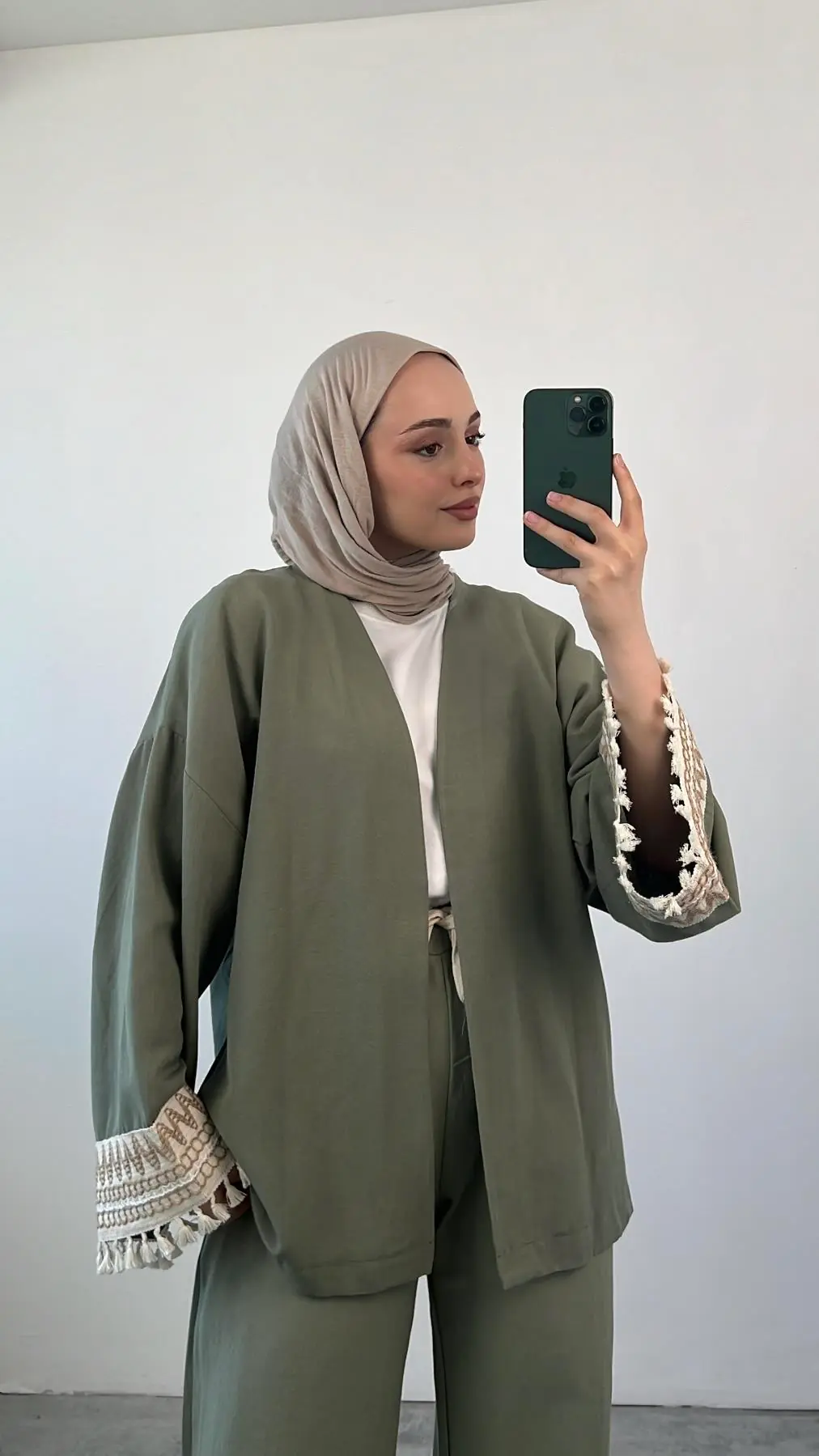 Kol Detay Kimonolu Keten Takım Yeşil