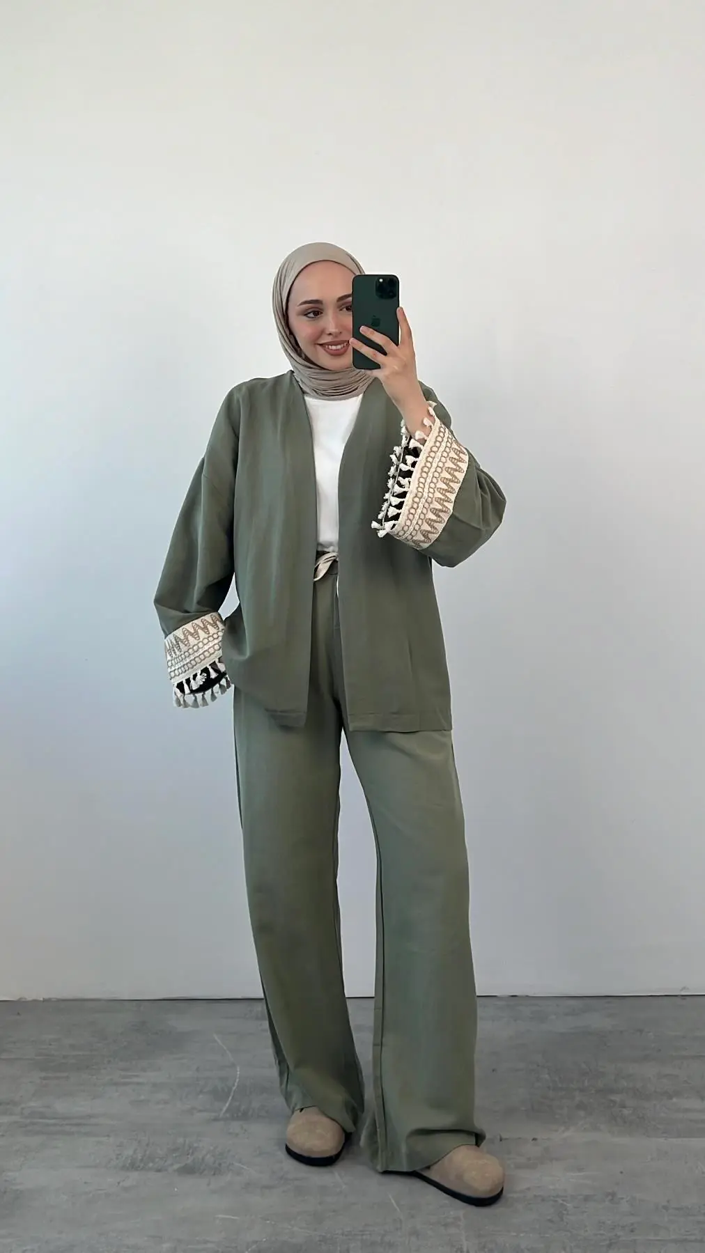 Kol Detay Kimonolu Keten Takım Yeşil
