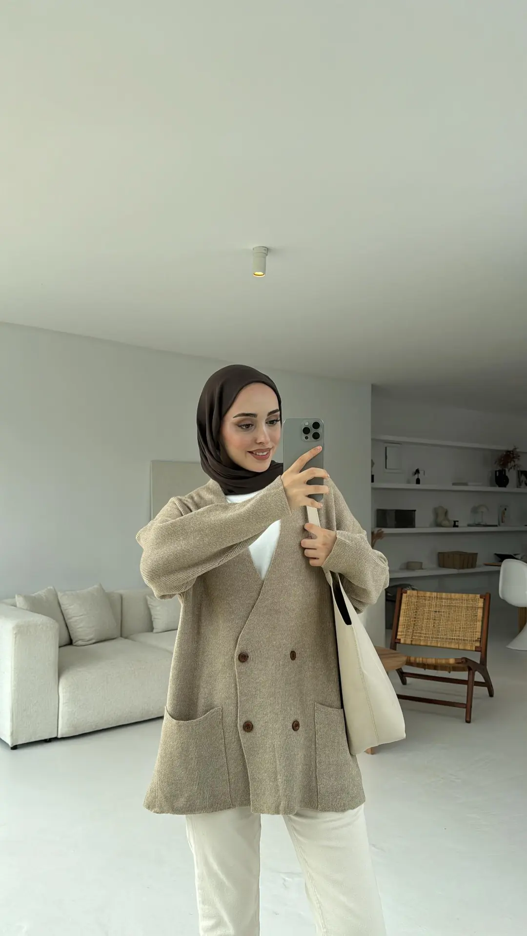 Düğmeli Cepli Triko Hırka Vizon
