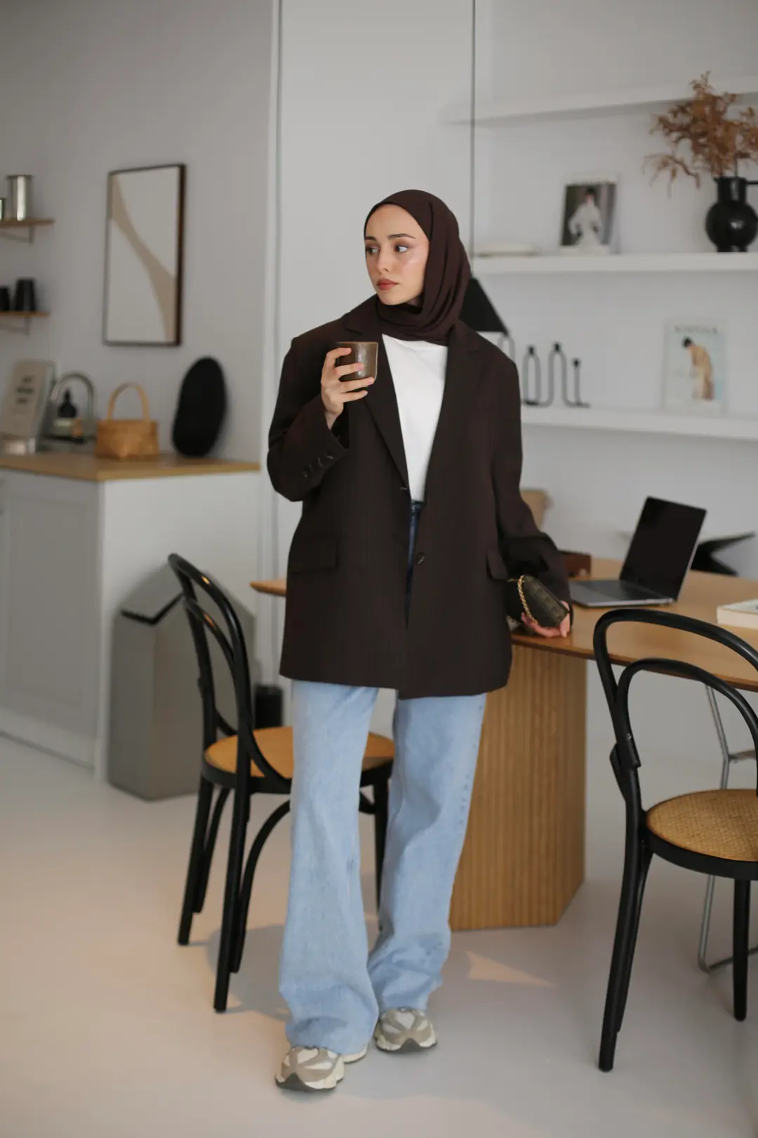Çizgili Kahve Oversize Blazer Ceket