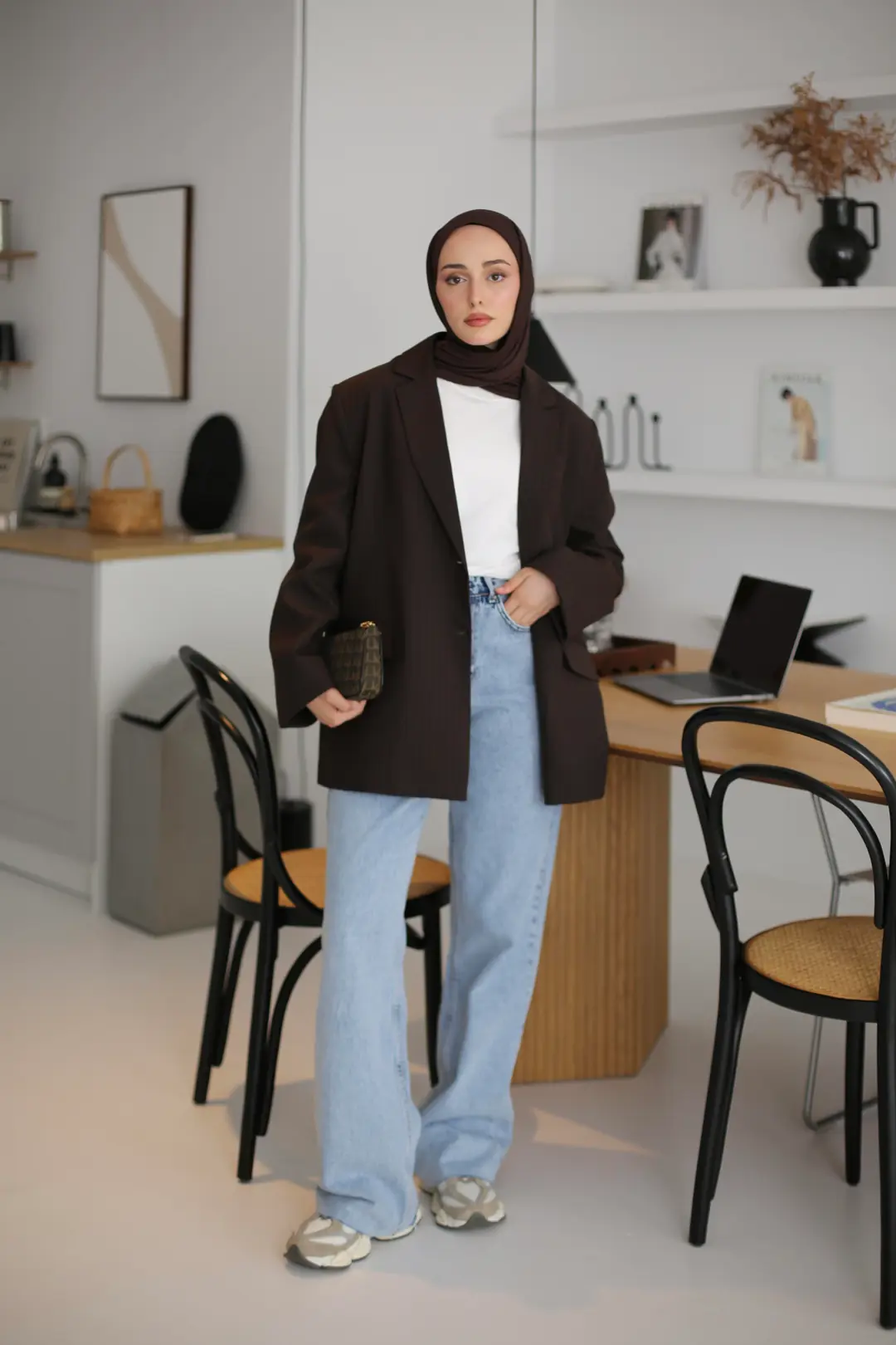 Çizgili Kahve Oversize Blazer Ceket