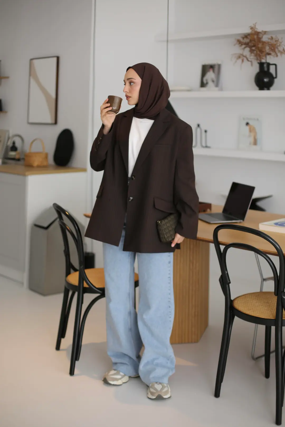 Çizgili Kahve Oversize Blazer Ceket