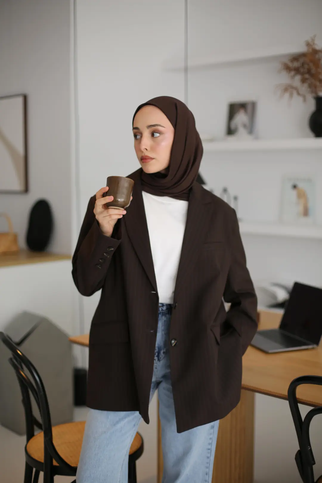 Çizgili Kahve Oversize Blazer Ceket