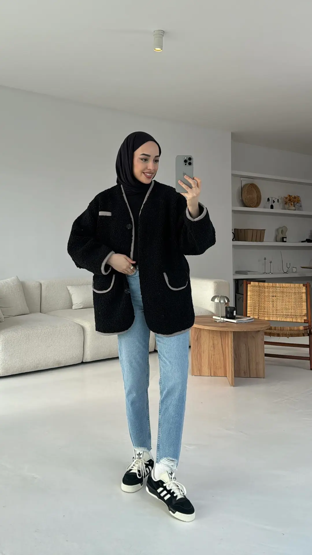 Düğmeli Oversize Teddy Ceket Siyah