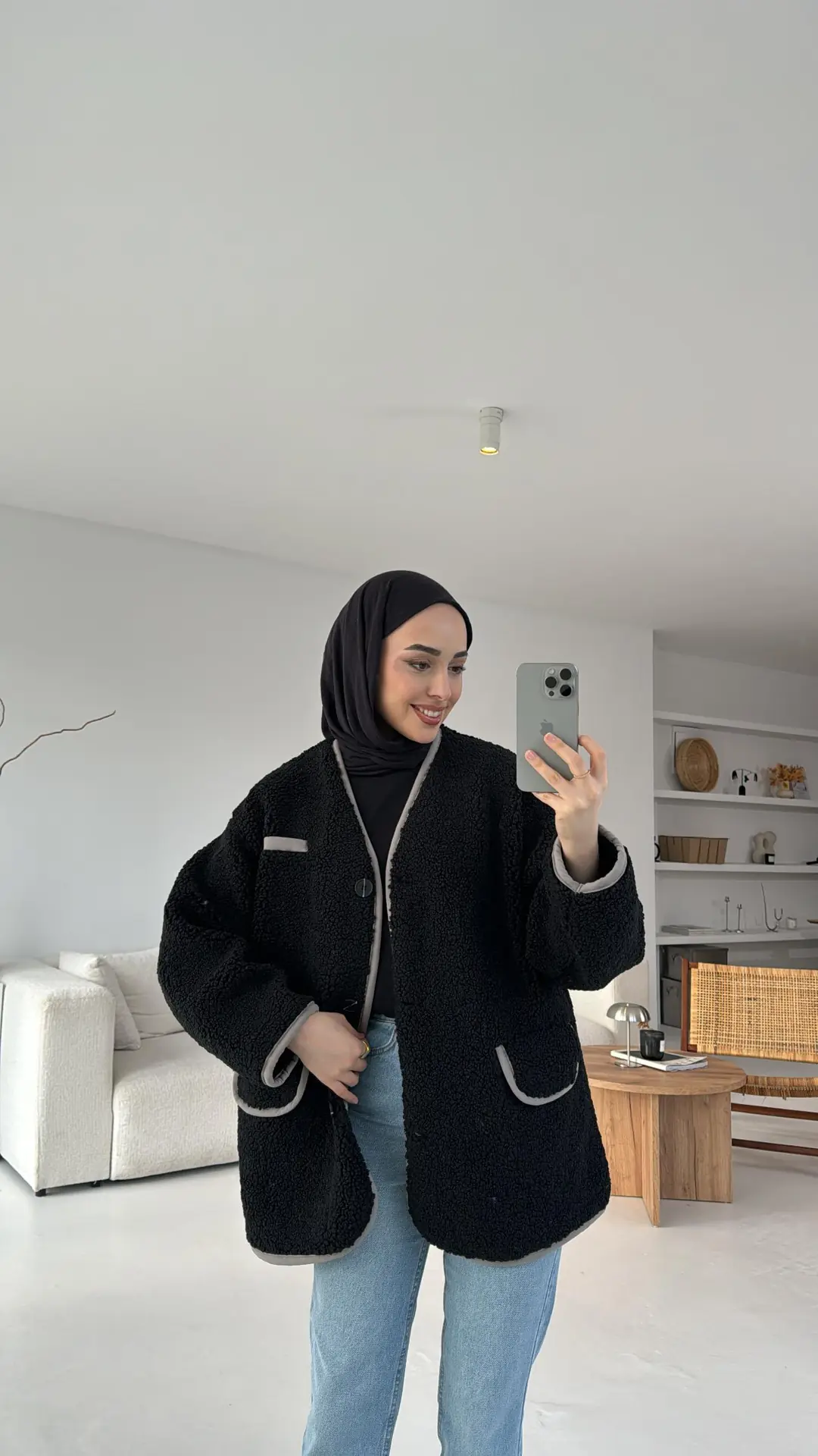 Düğmeli Oversize Teddy Ceket Siyah