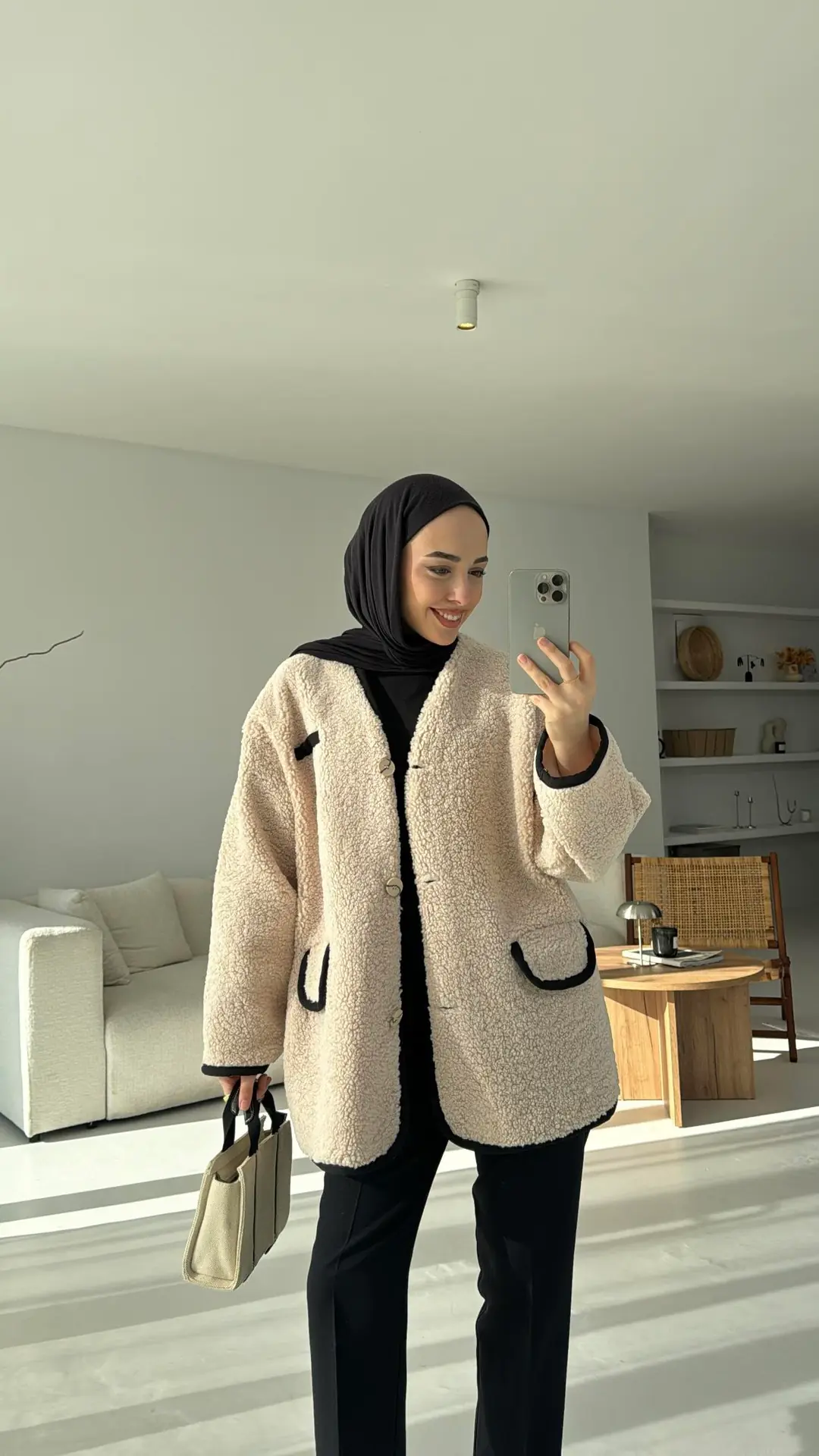 Düğmeli Oversize Teddy Ceket Bej