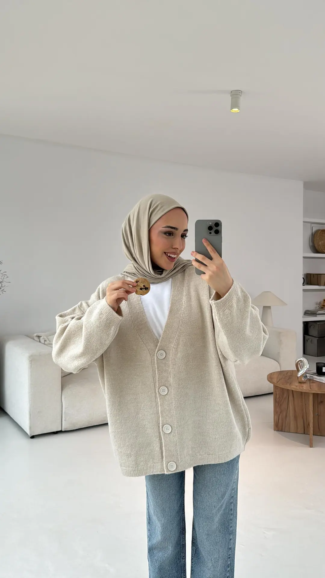 Oversize Yünlü Triko Hırka Taş