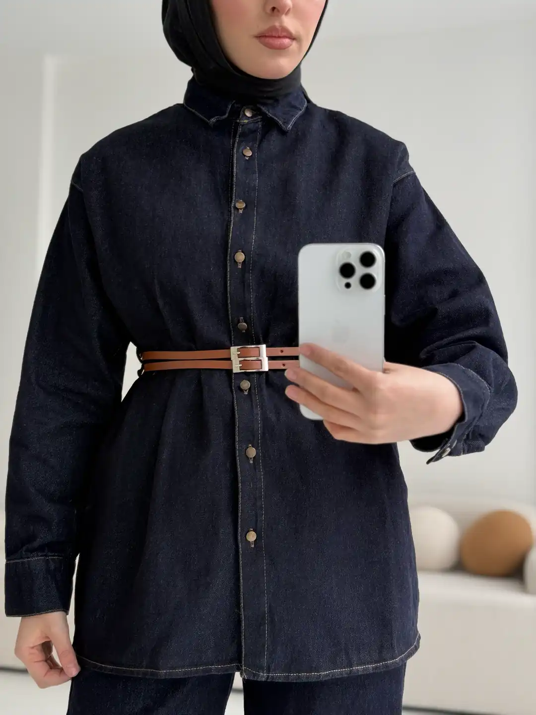 Denim Kemerli Gömlek Takım