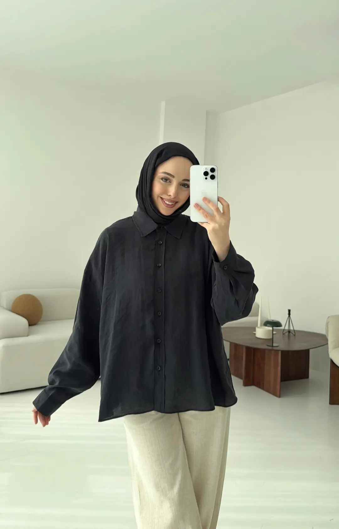 Tencel Pis Dikiş Oversize Siyah Gömlek