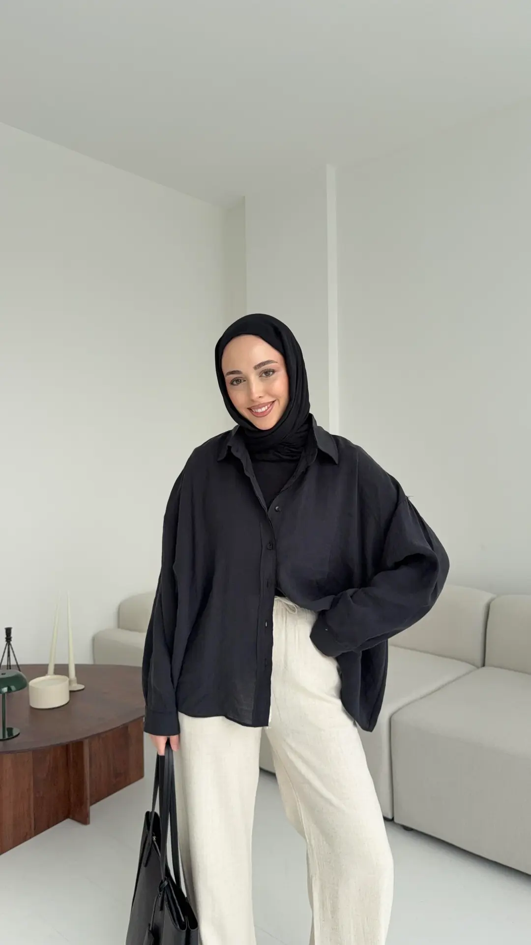Tencel Pis Dikiş Oversize Siyah Gömlek