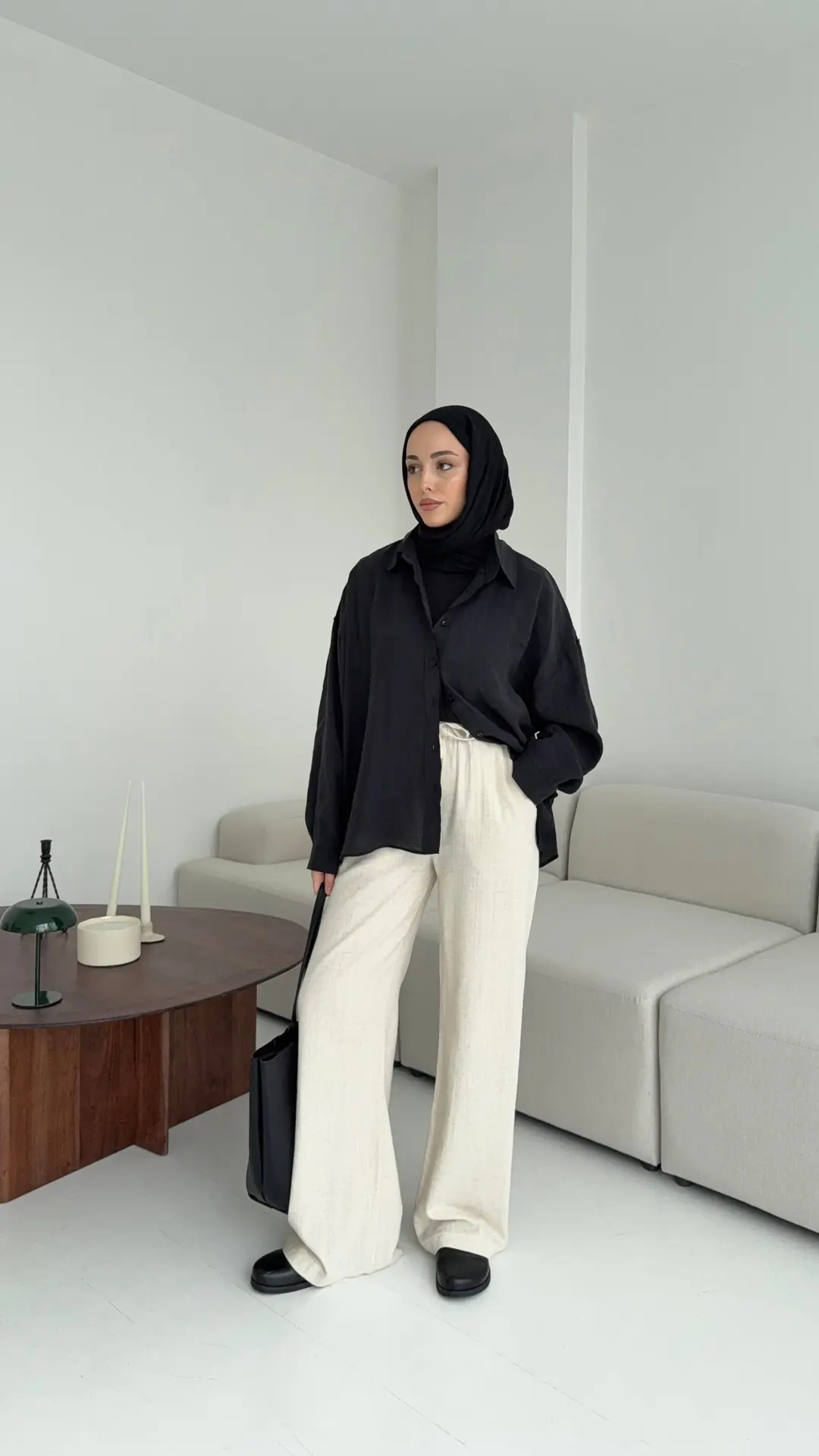 Tencel Pis Dikiş Oversize Siyah Gömlek