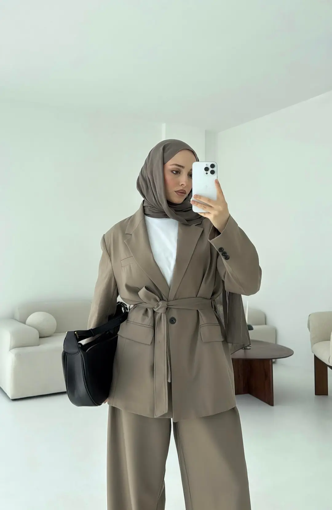 Kuşaklı Ceket Tasarım Pantolon Vizon