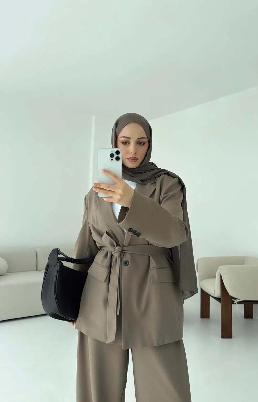 Kuşaklı Ceket Tasarım Pantolon Vizon