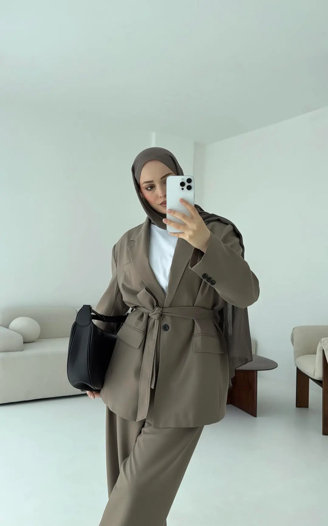 Kuşaklı Ceket Tasarım Pantolon Vizon