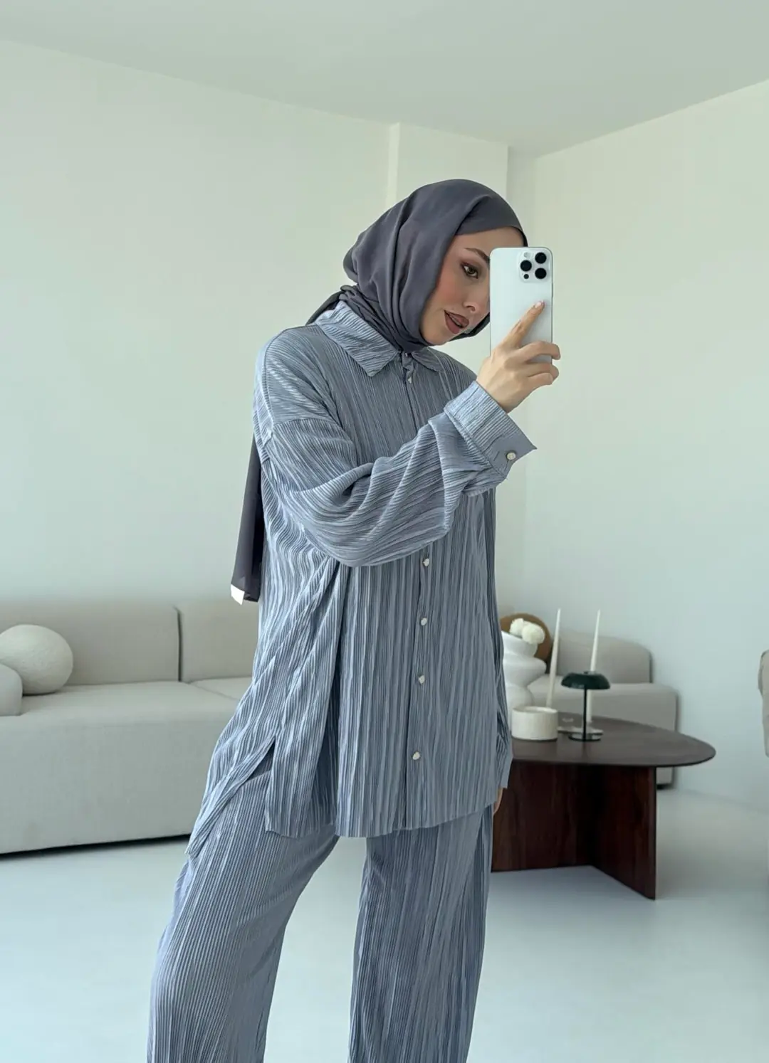 Düğmeli Piliseli Takım Gri