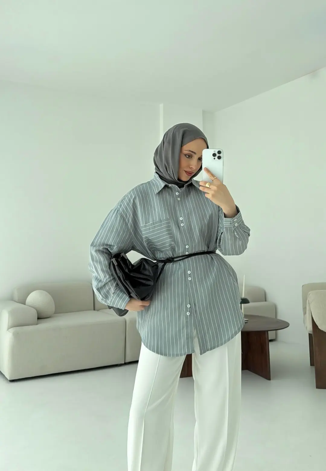 Gri Çizgili Bağlamalı Gömlek
