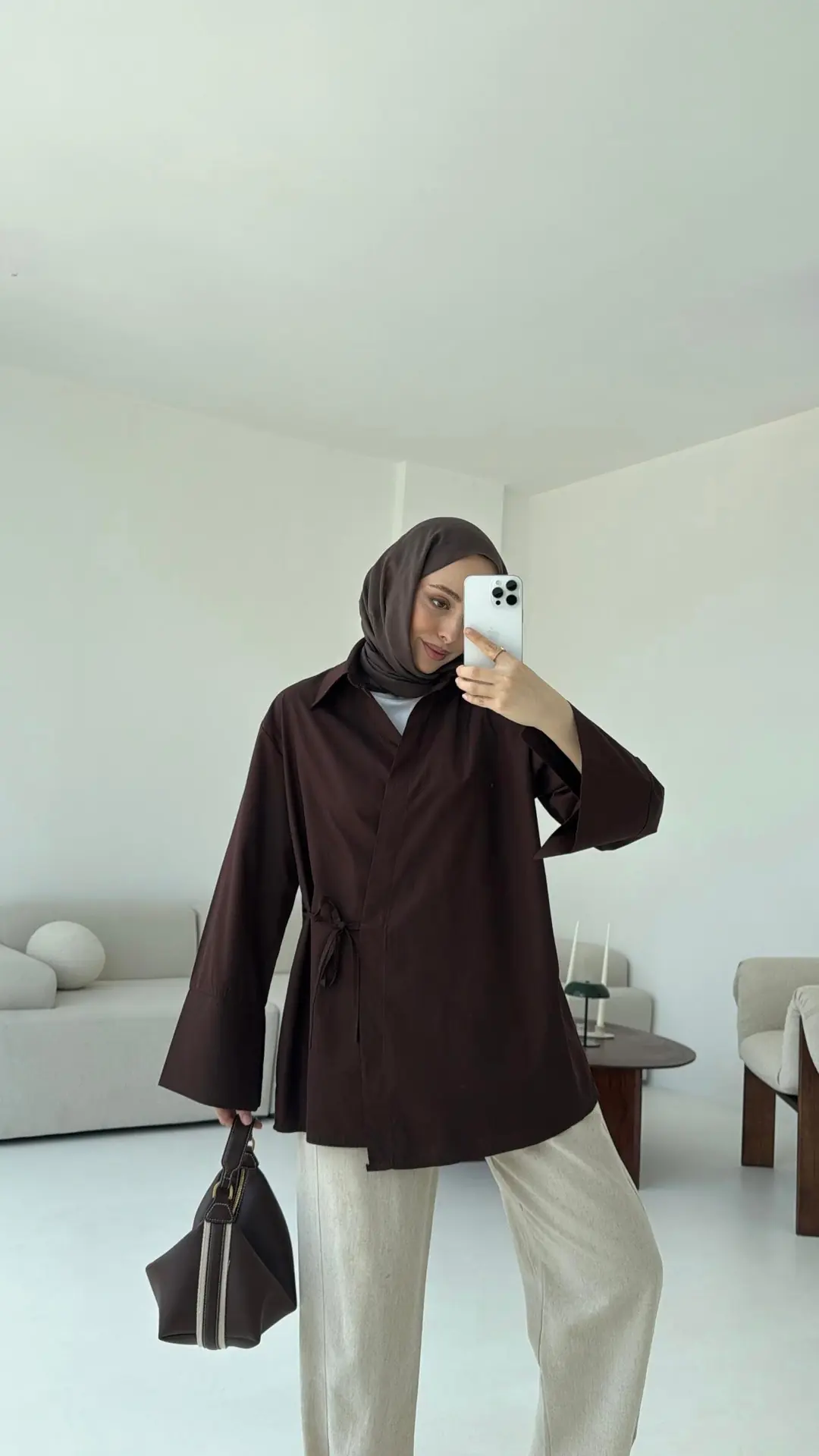 Çapraz Bağlamalı Kol Detay Gömlek Kahve