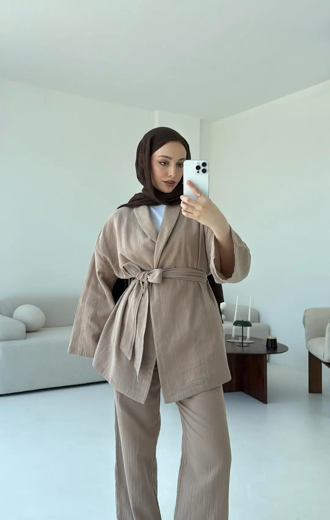 Müslin Kimonolu Takım Bej