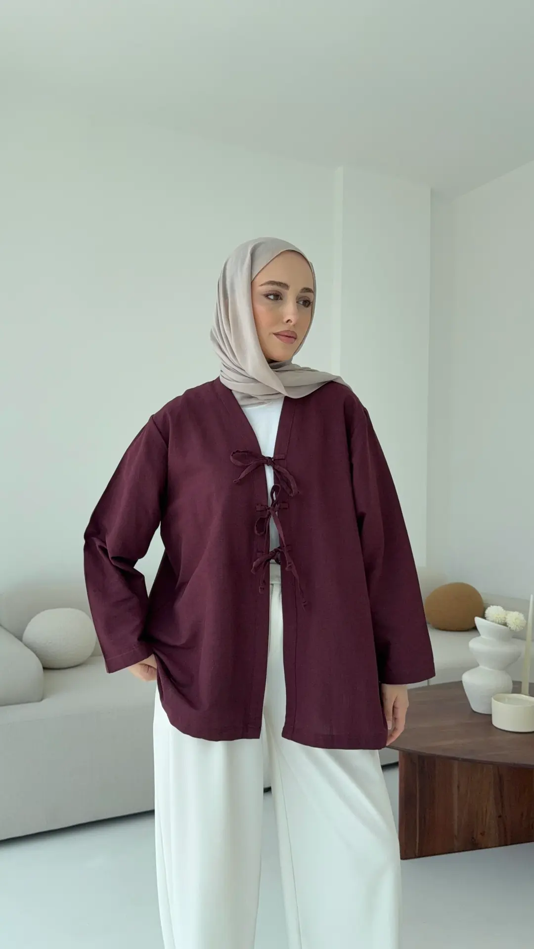 Keten Üç Bağlamalı Kimono Bordo