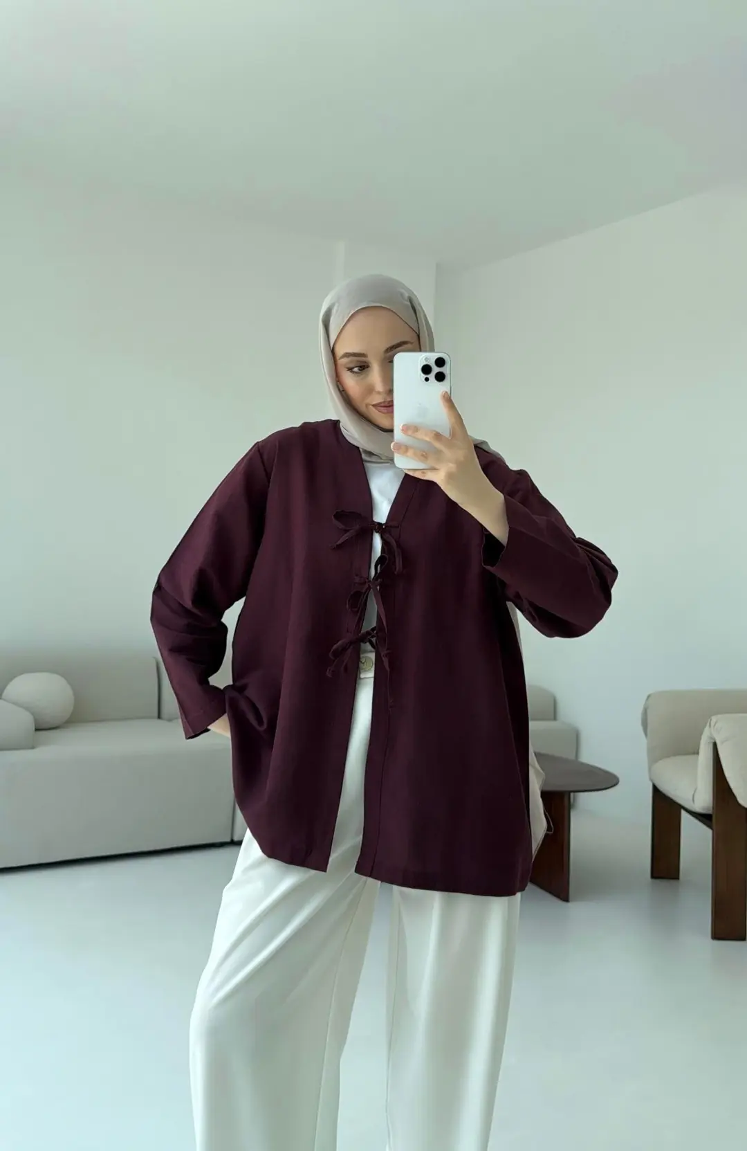 Keten Üç Bağlamalı Kimono Bordo