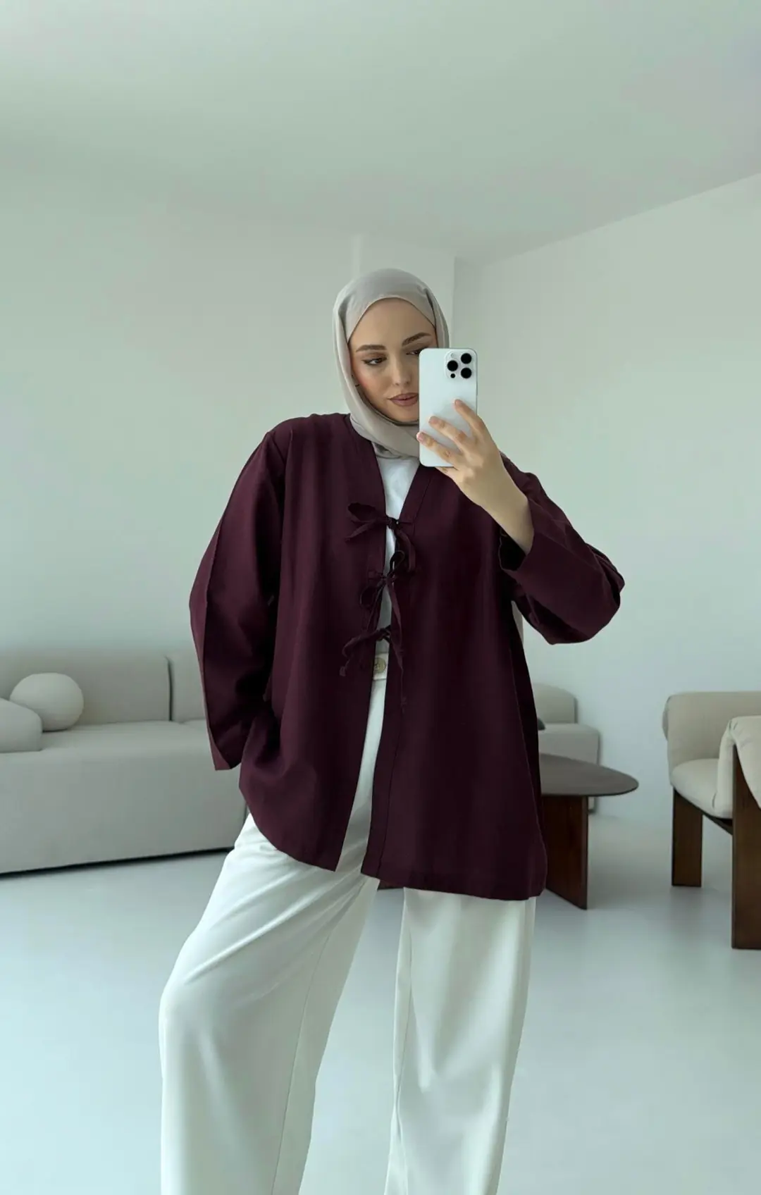 Keten Üç Bağlamalı Kimono Bordo