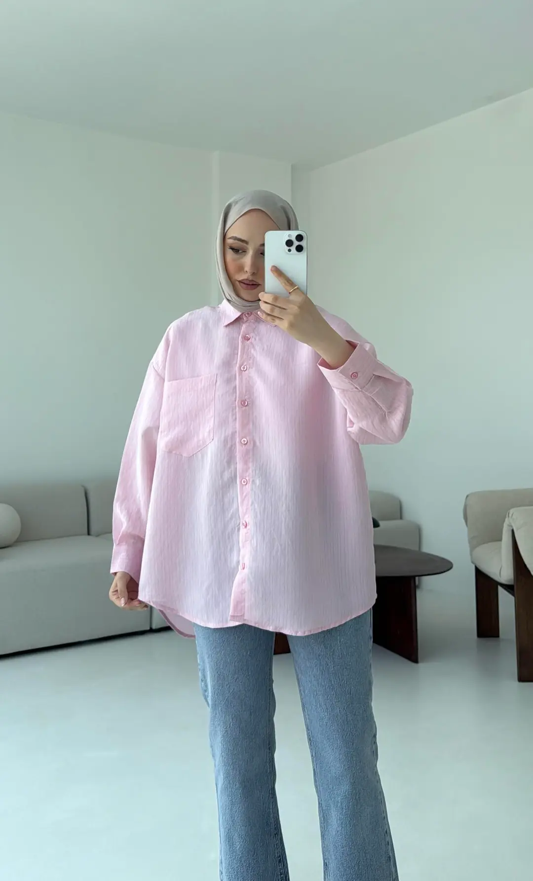 Pembe Tek Cep Çizgili Gömlek