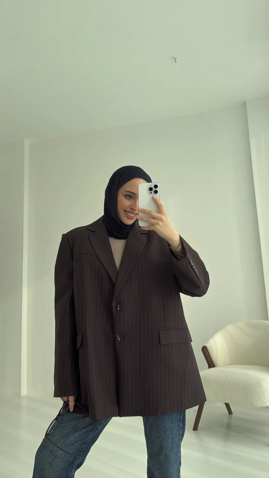 Çizgili Kahve Oversize Blazer Ceket