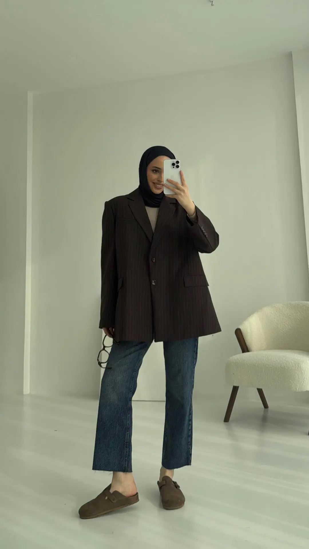 Çizgili Kahve Oversize Blazer Ceket