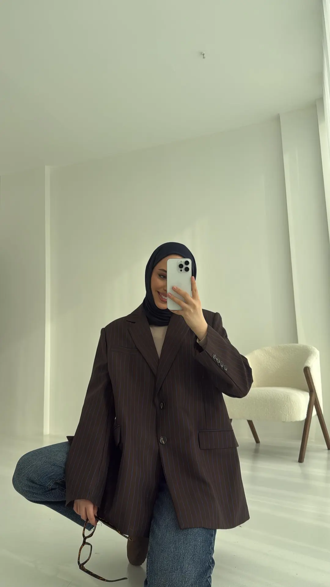 Çizgili Kahve Oversize Blazer Ceket