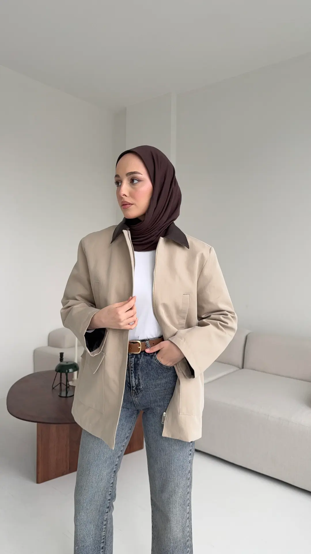 Yakası Deri İçi Kapitone Bej