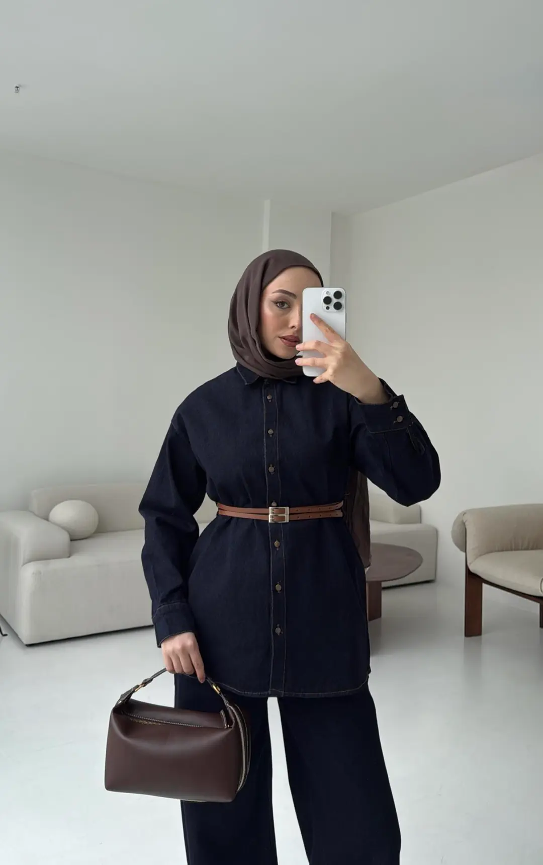 Denim Kemerli Gömlek Takım