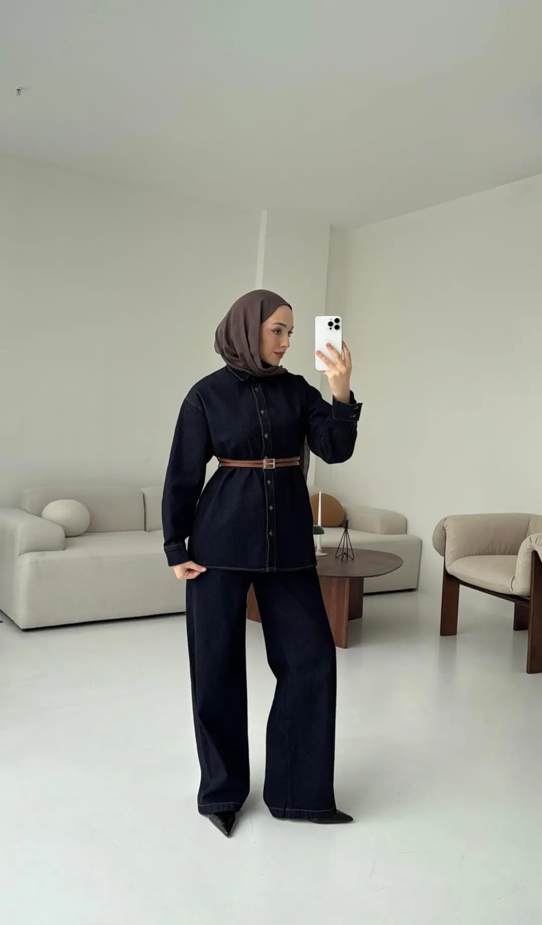 Denim Kemerli Gömlek Takım