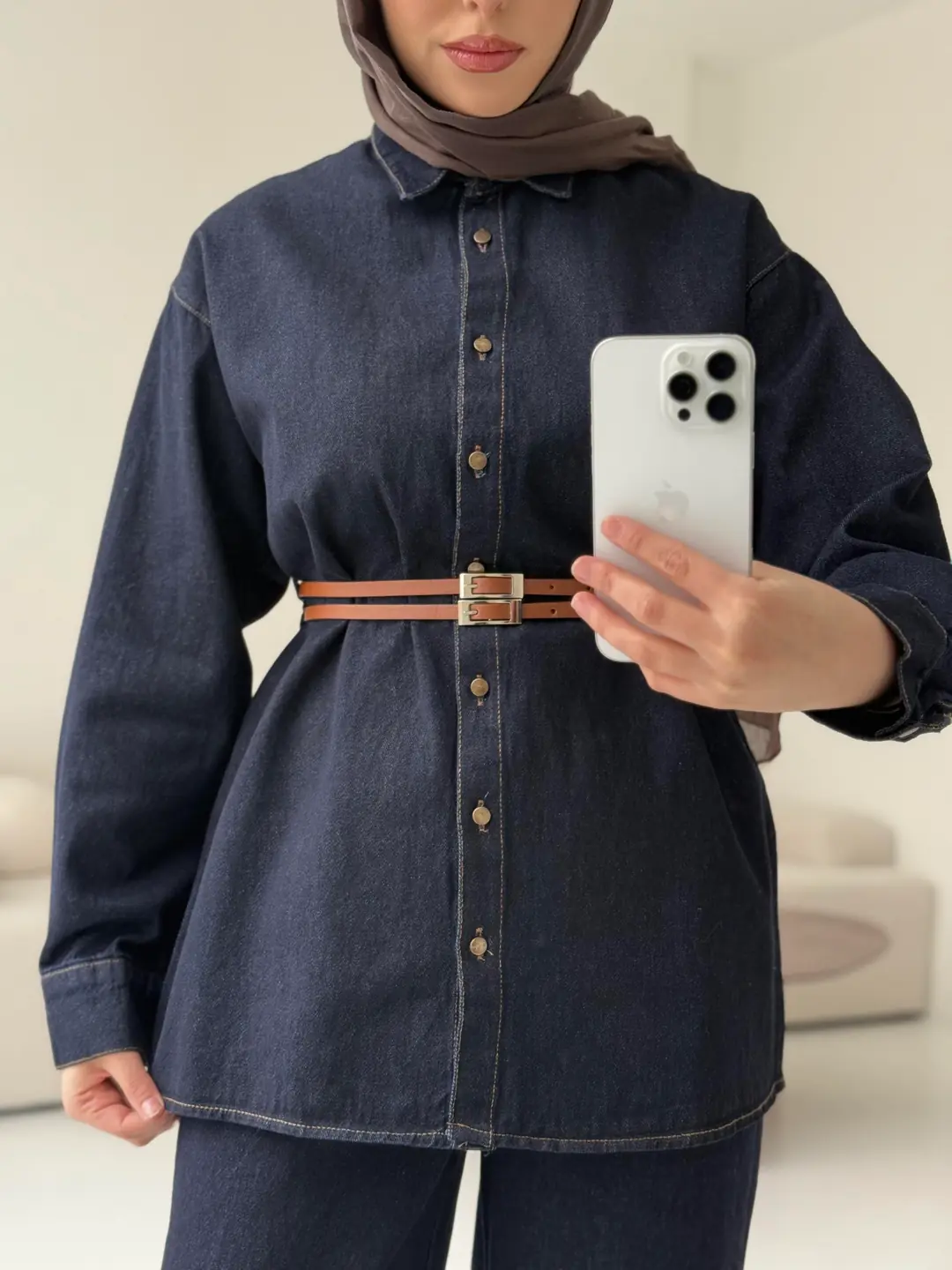 Denim Kemerli Gömlek Takım