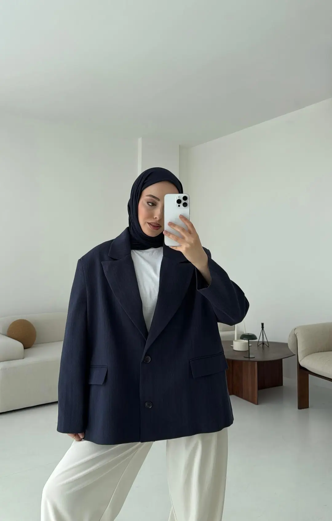 Lacivert Keten Oversize Blazer Ceket