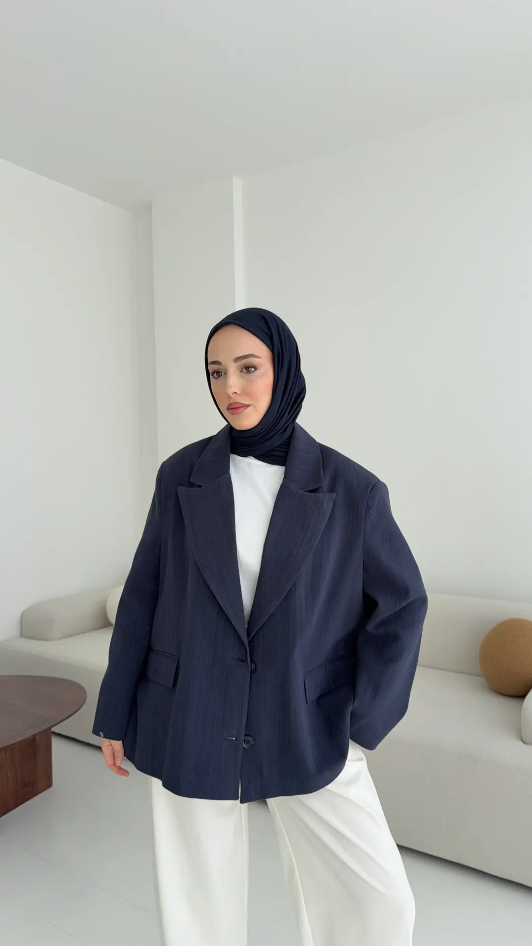 Lacivert Keten Oversize Blazer Ceket