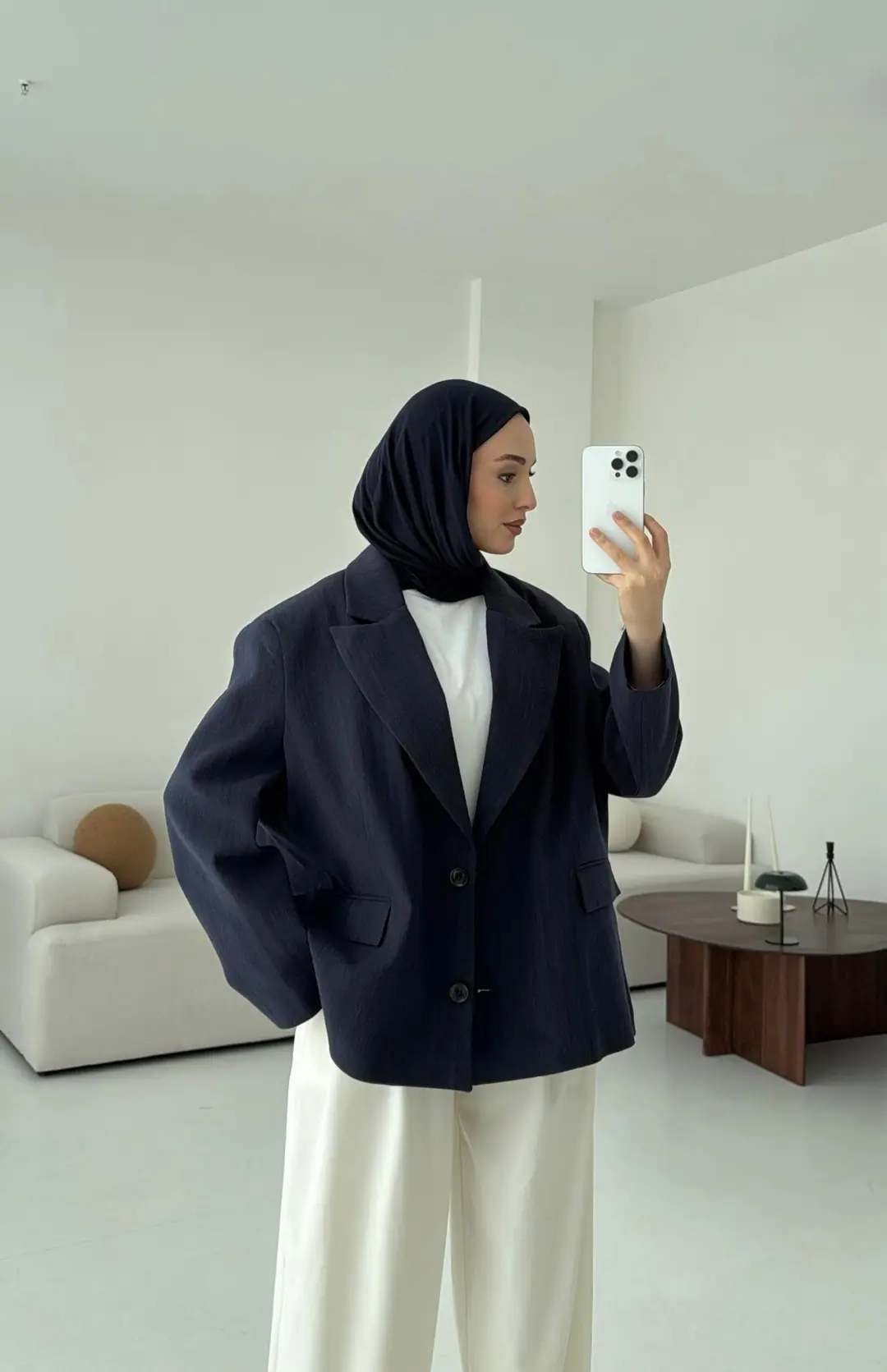 Lacivert Keten Oversize Blazer Ceket