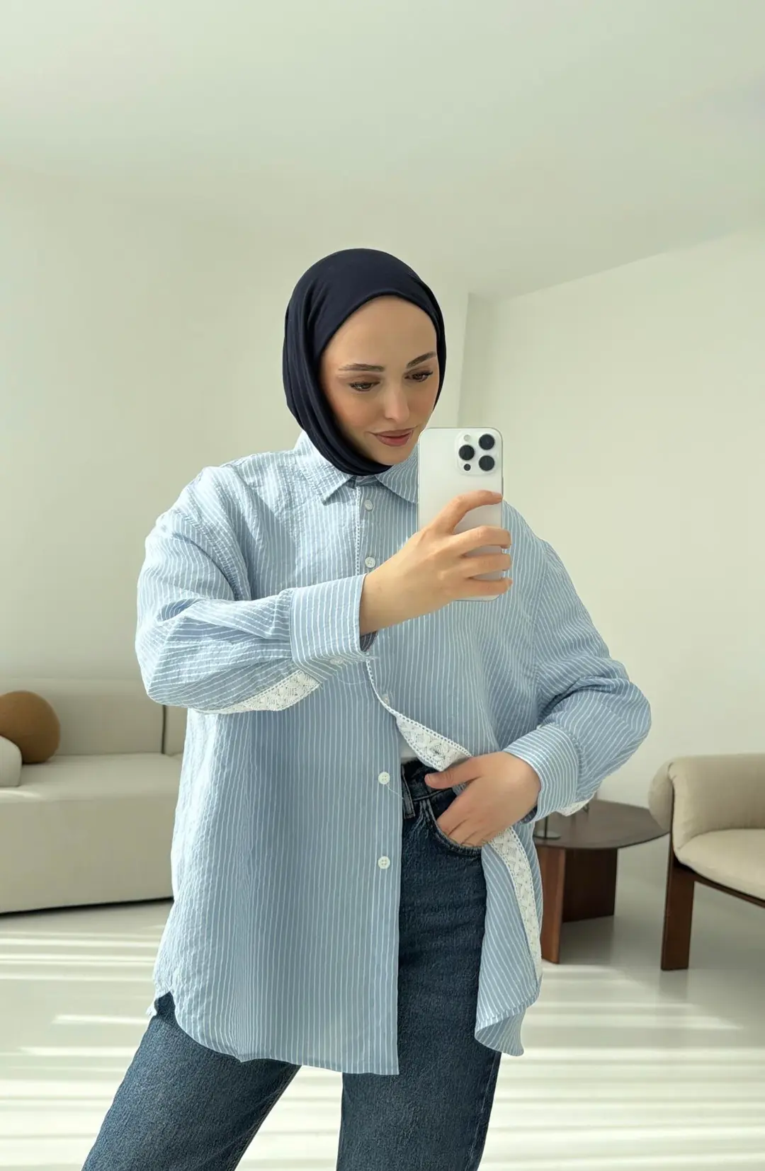 Çizgili Dantel Detay Gömlek