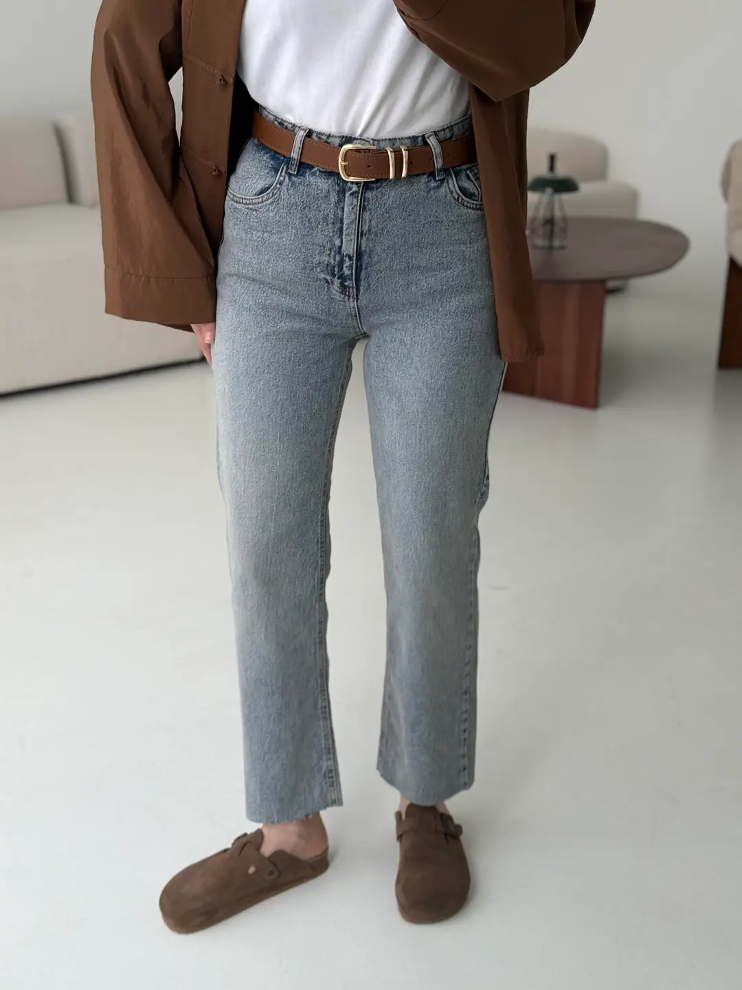 Premium Paçası Kesik Jean Taba Kemerli R34