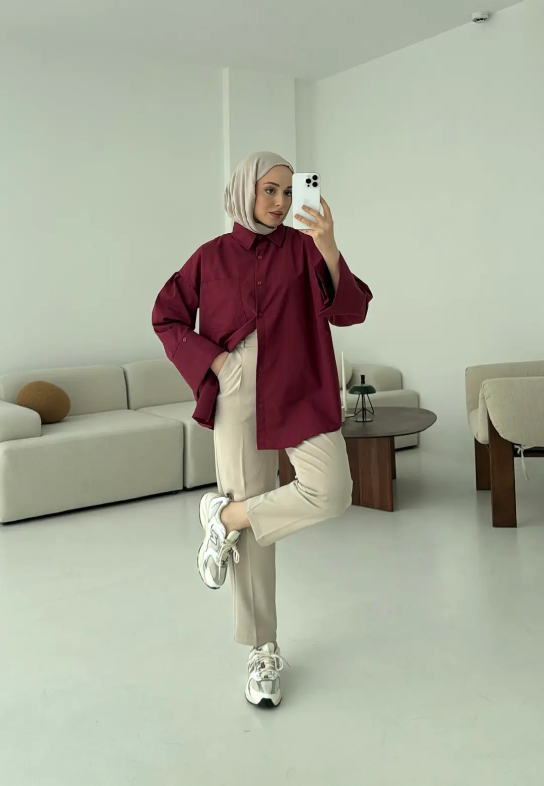 Kalın Manşetli Oversize Bordo Gömlek