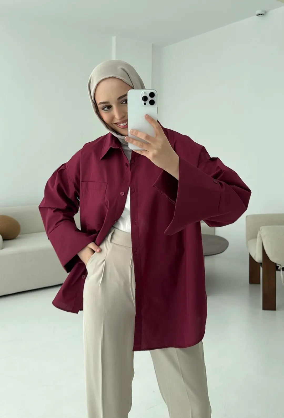 Kalın Manşetli Oversize Bordo Gömlek