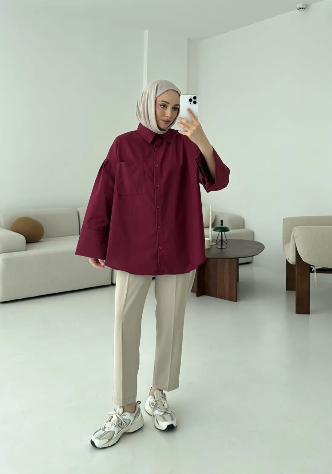 Kalın Manşetli Oversize Bordo Gömlek