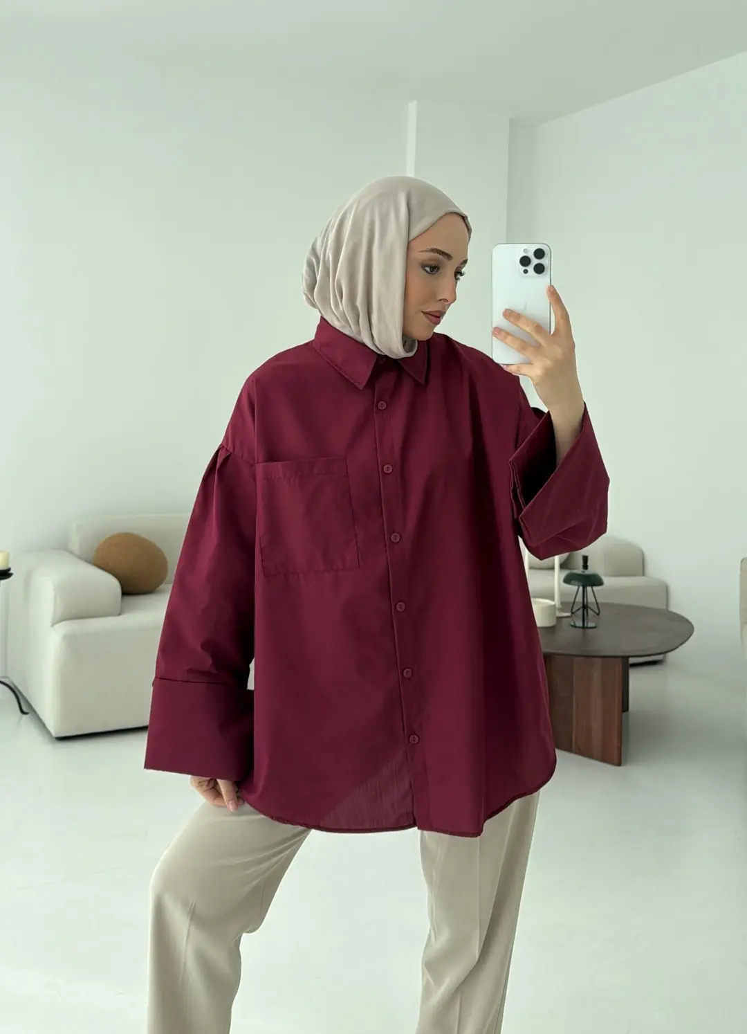 Kalın Manşetli Oversize Bordo Gömlek