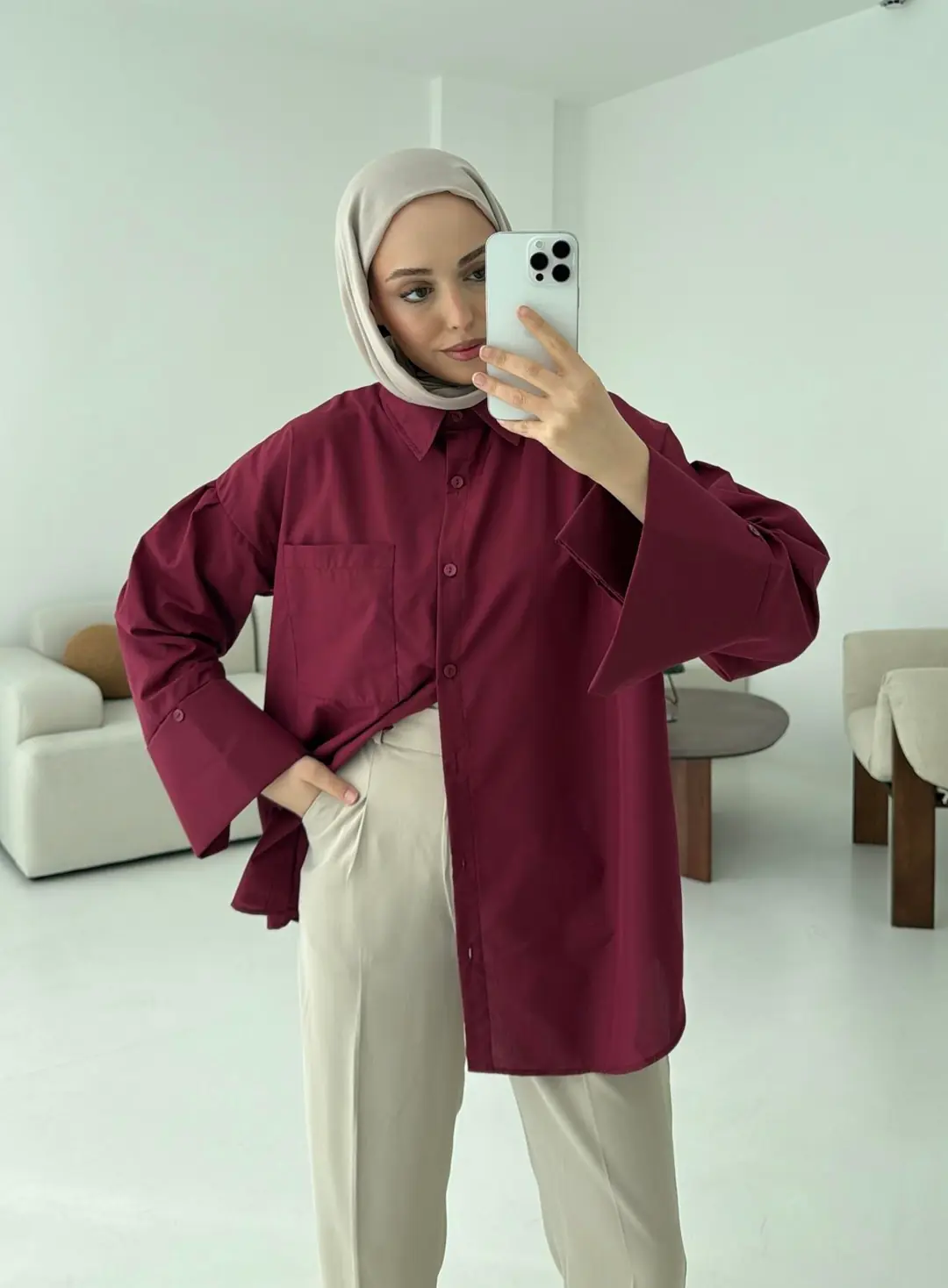 Kalın Manşetli Oversize Bordo Gömlek