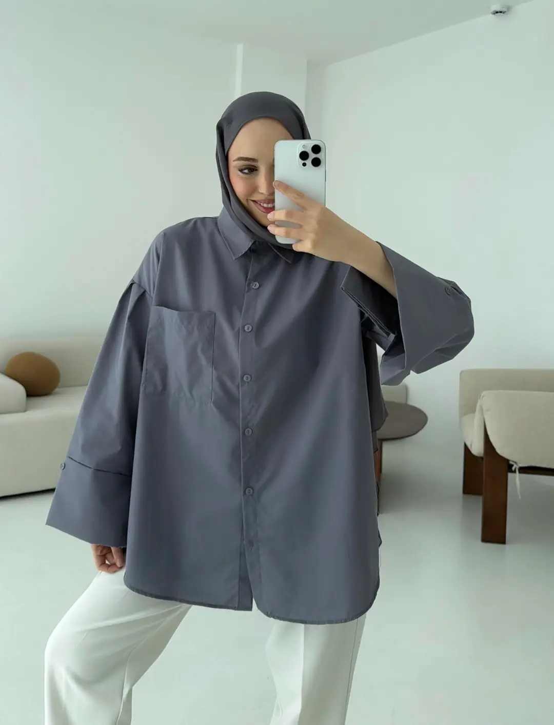 Kalın Manşetli Oversize Antrasit Gömlek