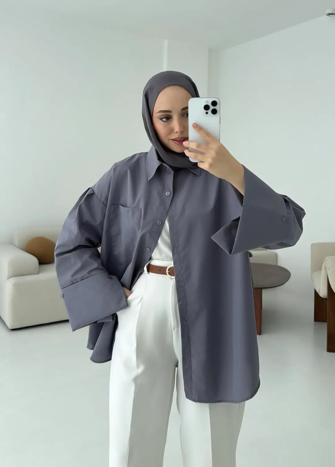 Kalın Manşetli Oversize Antrasit Gömlek