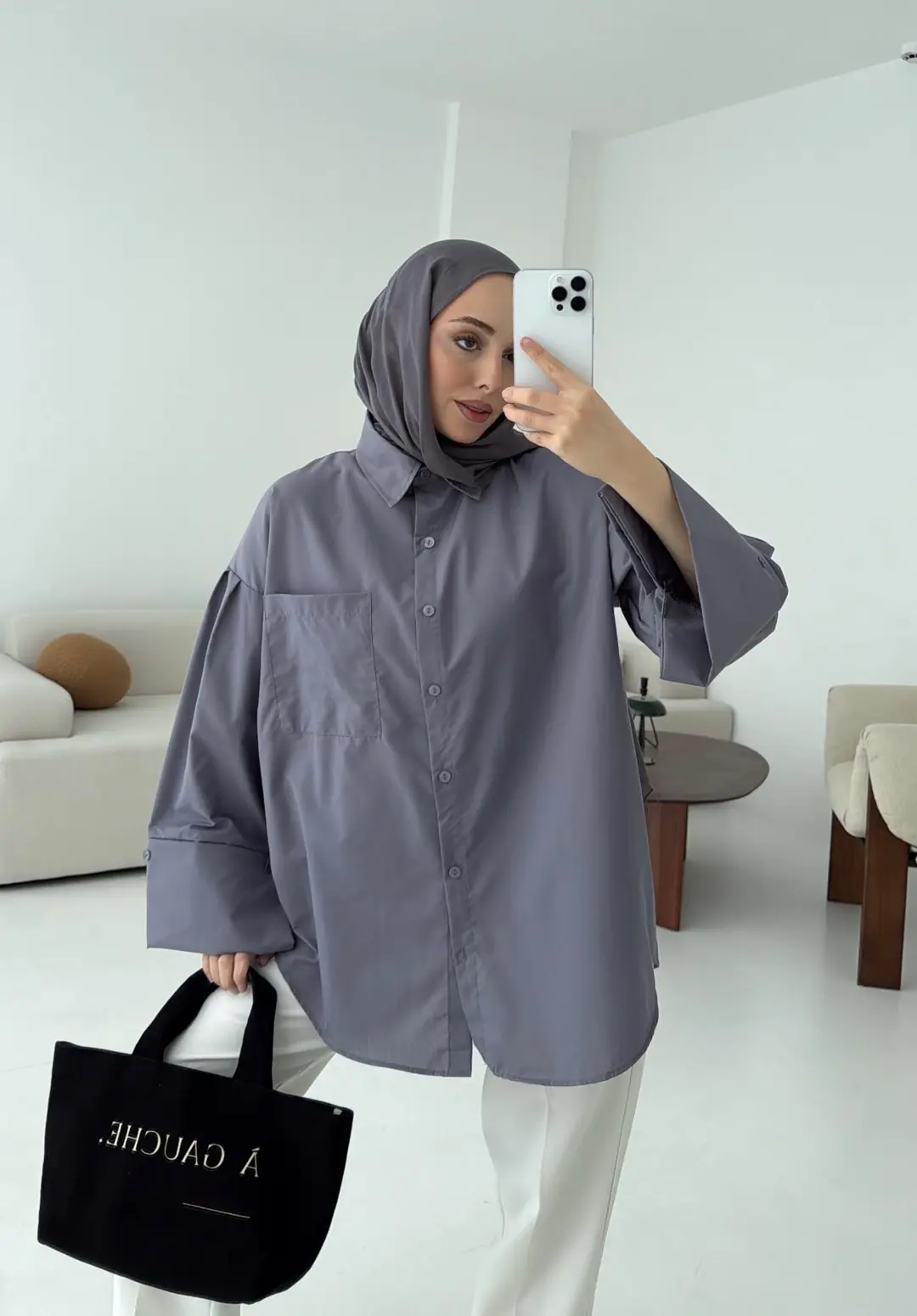 Kalın Manşetli Oversize Antrasit Gömlek